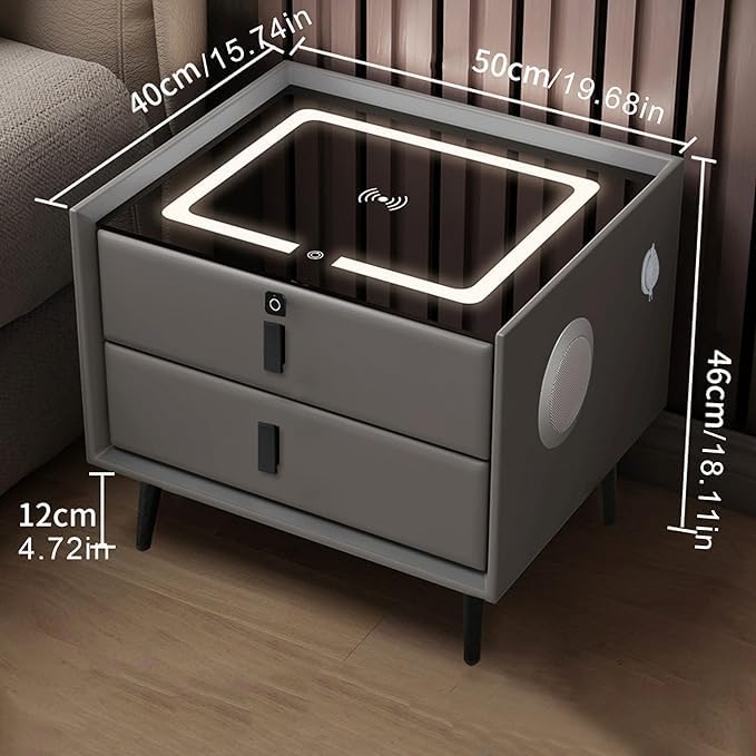 שידת לילה חכמה-עם 2 רמקולים, וטביעת אצבע, שתי מגירות, ותומך טעינה אלחוטית