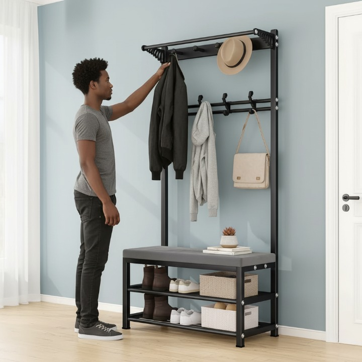 מתלה בגדים מעוצב 3 ב-1: פתרון מושלם לאחסון בגדים ונעליים! צבע שחור