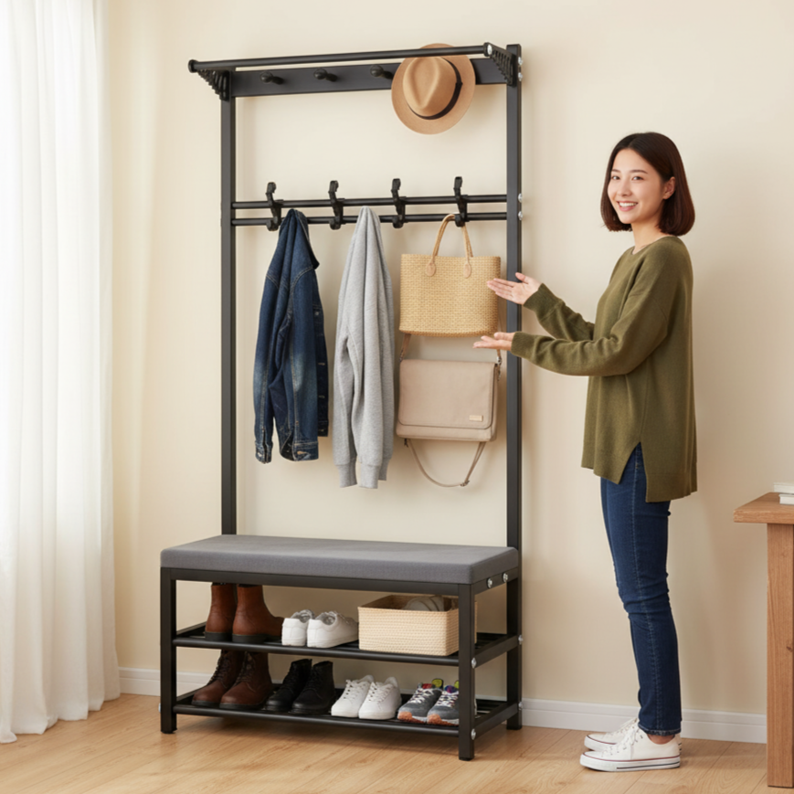 מתלה בגדים מעוצב 3 ב-1: פתרון מושלם לאחסון בגדים ונעליים! צבע שחור