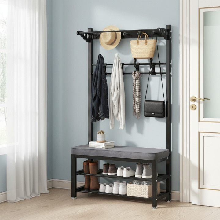 מתלה בגדים מעוצב 3 ב-1: פתרון מושלם לאחסון בגדים ונעליים! צבע שחור