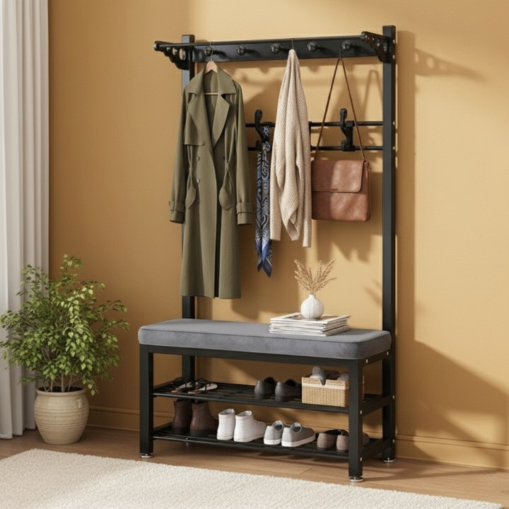 מתלה בגדים מעוצב 3 ב-1: פתרון מושלם לאחסון בגדים ונעליים! צבע שחור
