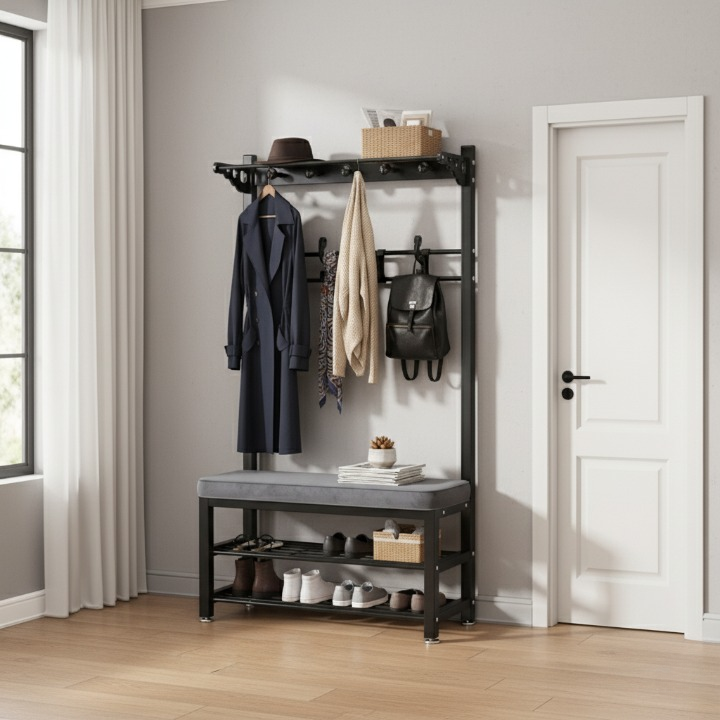 מתלה בגדים מעוצב 3 ב-1: פתרון מושלם לאחסון בגדים ונעליים! צבע שחור