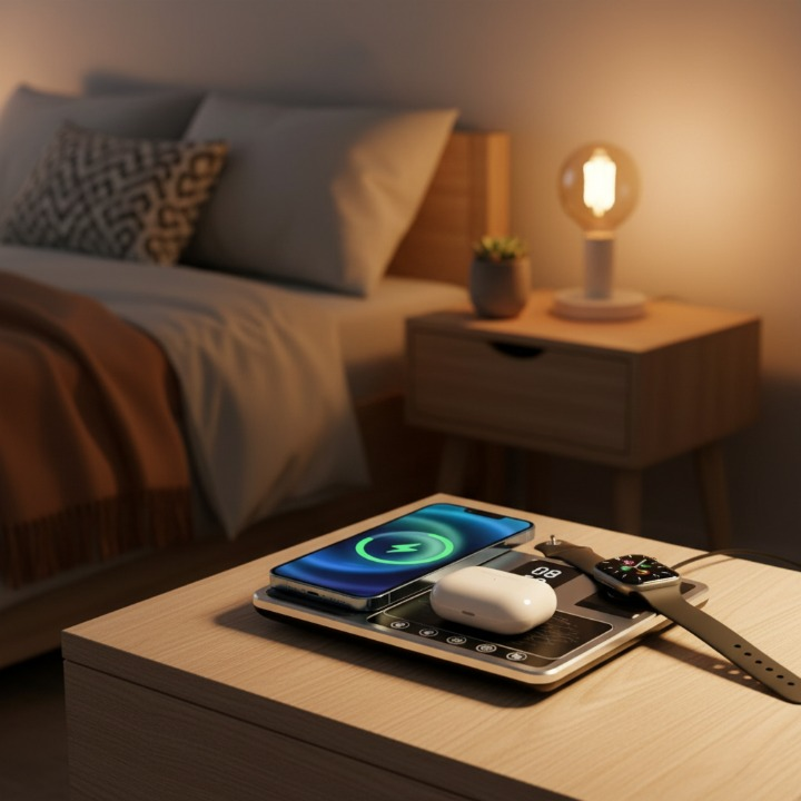 טעינה חכמת 4 ב-1 מגע לסמארטפונים (iOS ואנדרואיד), חכמים ואוזניות תחנת שיחות עם שעון דיטלי מובנה ותצוגת LED