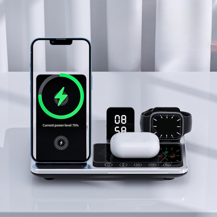 טעינה חכמת 4 ב-1 מגע לסמארטפונים (iOS ואנדרואיד), חכמים ואוזניות תחנת שיחות עם שעון דיטלי מובנה ותצוגת LED