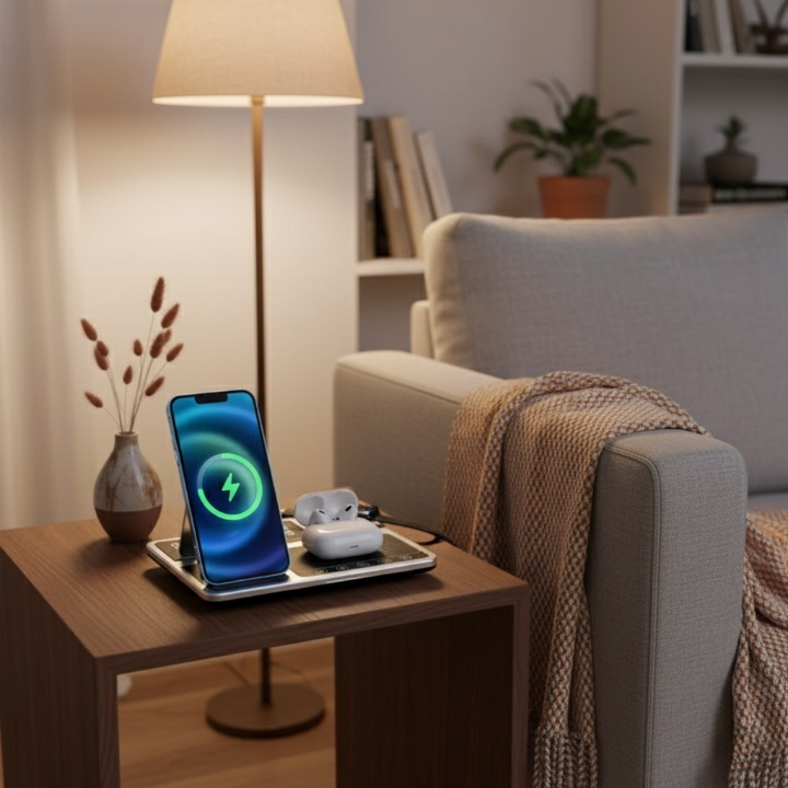 טעינה חכמת 4 ב-1 מגע לסמארטפונים (iOS ואנדרואיד), חכמים ואוזניות תחנת שיחות עם שעון דיטלי מובנה ותצוגת LED