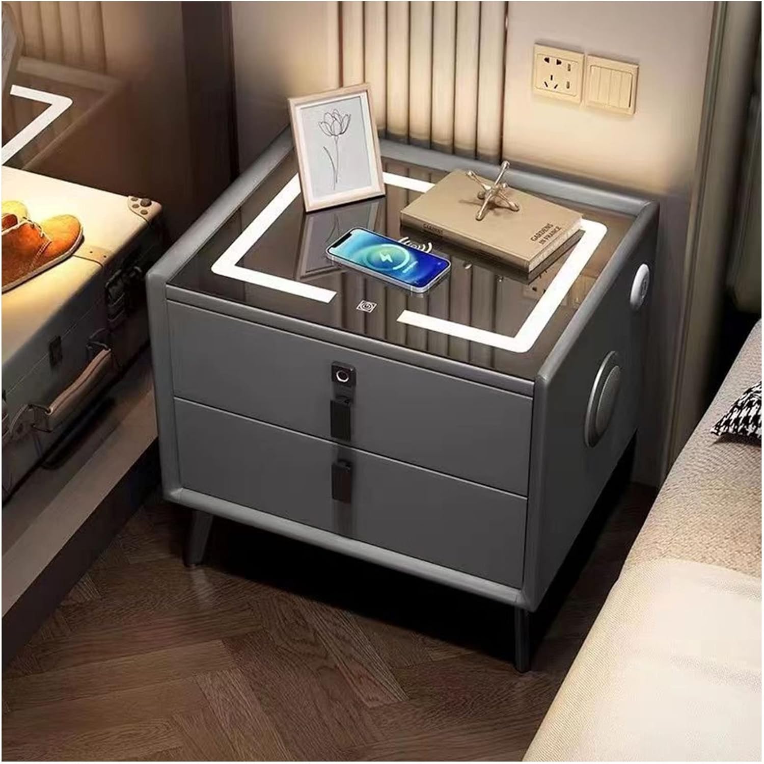 שידת לילה חכמה 2 רמקולים, וטביעת אצבע, שתי מגירות, ותומך טעינה חכמת