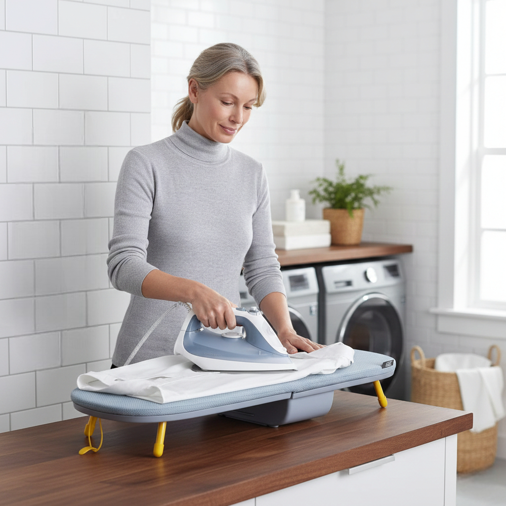 קרש גיהוץ מתקפל לשולחן עם מחזיק מגהץ