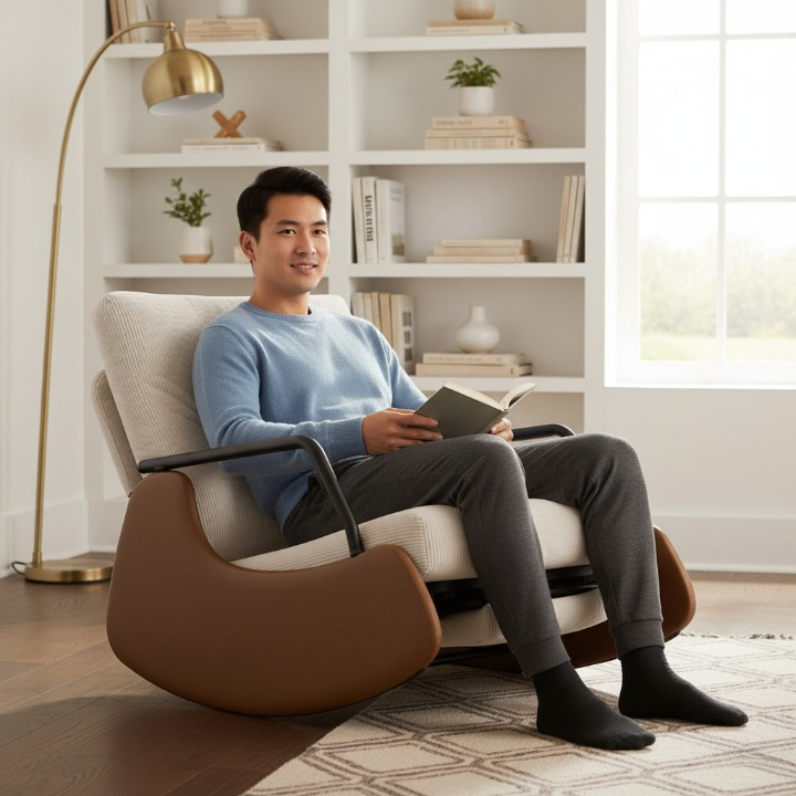 כיסא נדנדה עם משענת יד מתקפלת בצבע בז (85*60*80) דגם הנדריקס