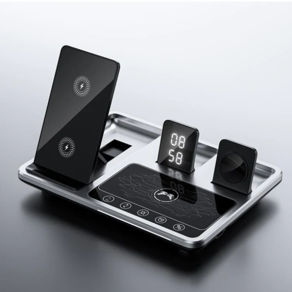 טעינה חכמת 4 ב-1 מגע לסמארטפונים (iOS ואנדרואיד), חכמים ואוזניות תחנת שיחות עם שעון דיטלי מובנה ותצוגת LED