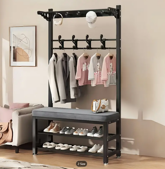 מתלה בגדים מעוצב 3 ב-1: פתרון מושלם לאחסון בגדים ונעליים! צבע שחור