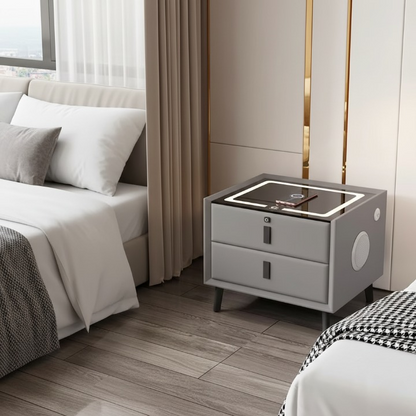 שידת לילה חכמה-עם 2 רמקולים, וטביעת אצבע, שתי מגירות, ותומך טעינה אלחוטית