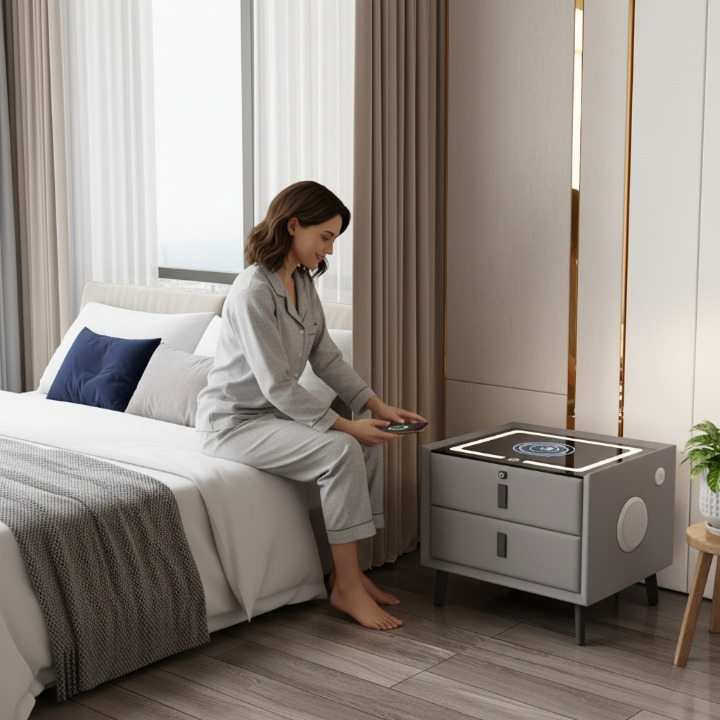 שידת לילה חכמה 2 רמקולים, וטביעת אצבע, שתי מגירות, ותומך טעינה חכמת