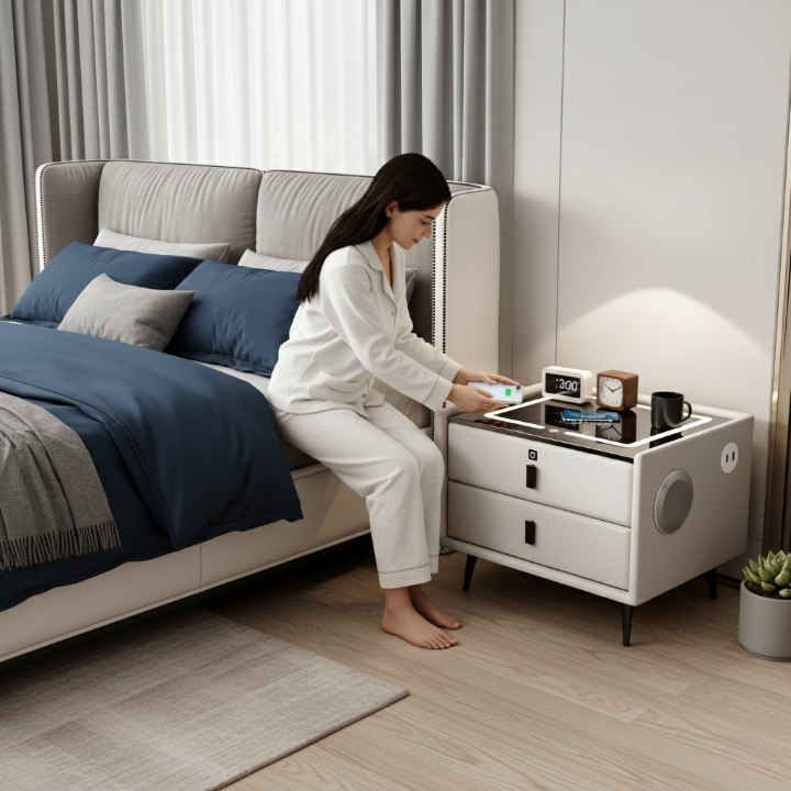 שידת לילה חכמה-עם 2 רמקולים, וטביעת אצבע, שתי מגירות, ותומך טעינה אלחוטית