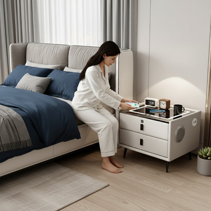 שידת לילה חכמה-עם 2 רמקולים, וטביעת אצבע, שתי מגירות, ותומך טעינה אלחוטית