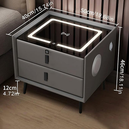 שידת לילה חכמה-עם 2 רמקולים, וטביעת אצבע, שתי מגירות, ותומך טעינה אלחוטית