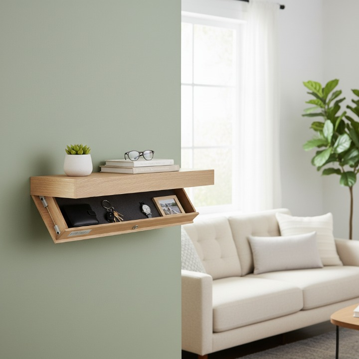 מדף צף קיר מעץ מלא עם תא סודי וכרטיס לפתיחה (90*28*8 ס"מ)