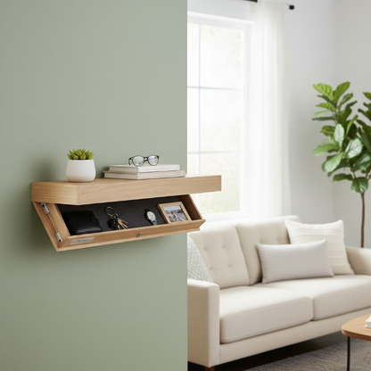 מדף צף קיר מעץ מלא עם תא סודי וכרטיס לפתיחה (90*28*8 ס"מ)