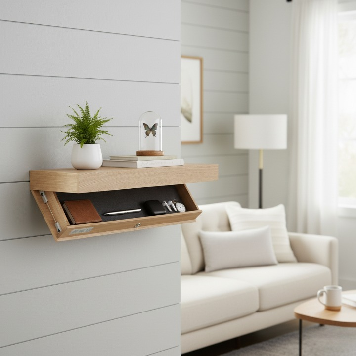 מדף צף קיר מעץ מלא עם תא סודי וכרטיס לפתיחה (90*28*8 ס"מ)