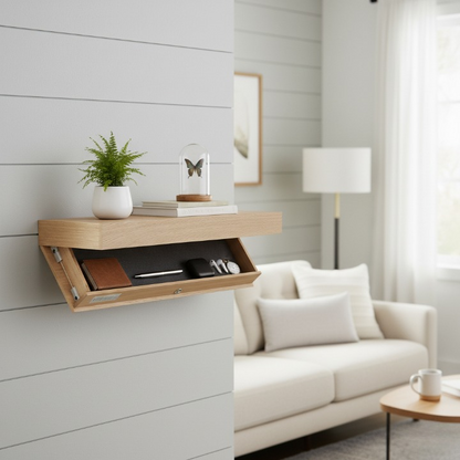 מדף צף קיר מעץ מלא עם תא סודי וכרטיס לפתיחה (90*28*8 ס"מ)