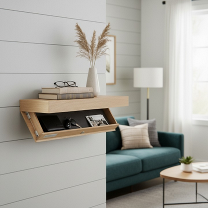 מדף צף קיר מעץ מלא עם תא סודי וכרטיס לפתיחה (90*28*8 ס"מ)