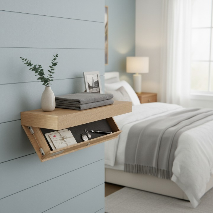 מדף צף קיר עץ מלא עם תא סודי וכרטיס פתיחה (90*28*8 ס"מ)