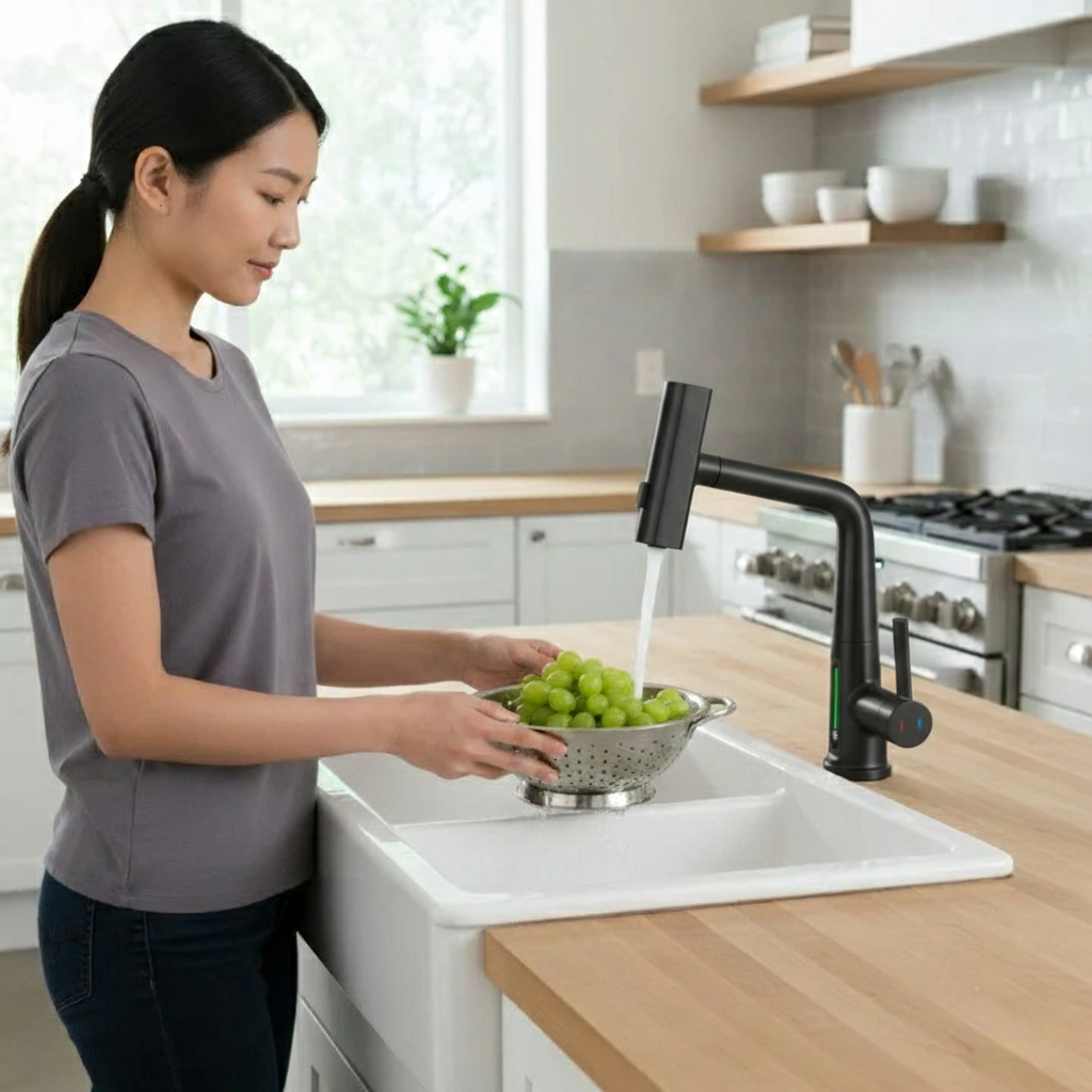 ברז מטבח נשלף שלושה מצבים, מסתובב 360 מעלות, עם הצגה.