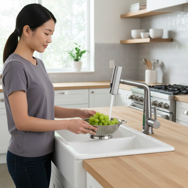 ברז מטבח נשלף שלושה מצבים, מסתובב 360 מעלות, עם צג.