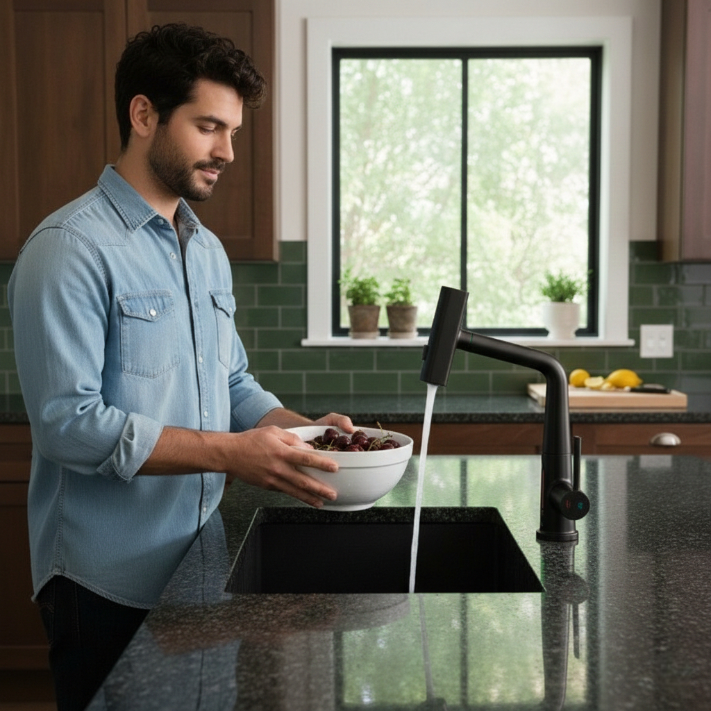 ברז מטבח נשלף שלושה מצבים, מסתובב 360 מעלות, עם הצגה.