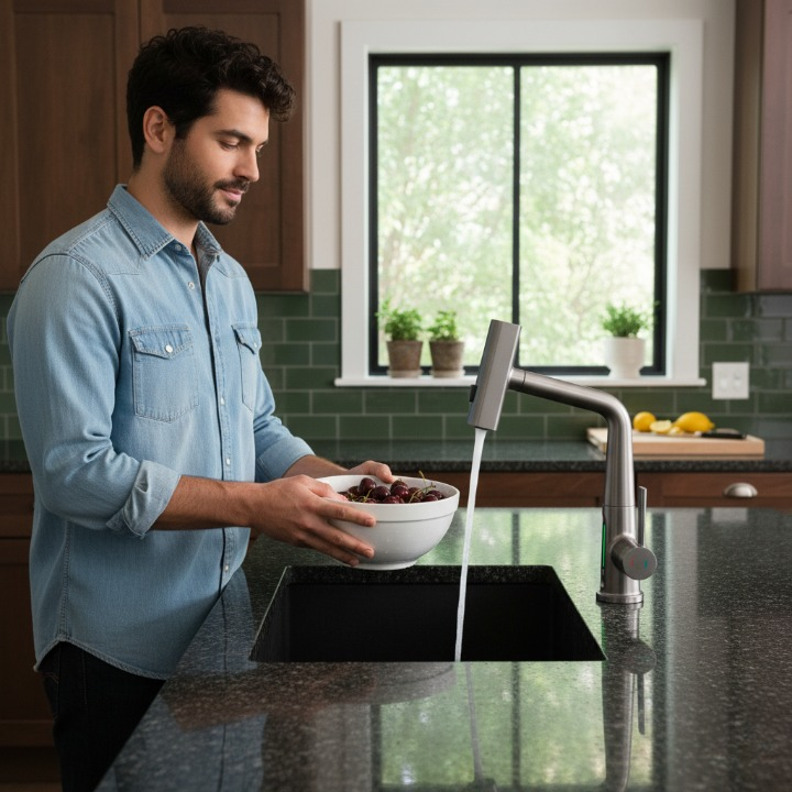 ברז מטבח נשלף שלושה מצבים, מסתובב 360 מעלות, עם הצגה.