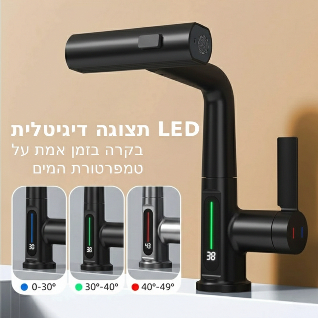 ברז מטבח נשלף שלושה מצבים, מסתובב 360 מעלות, עם הצגה.