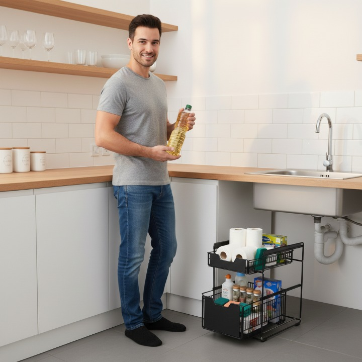 סטנד אחסון מתחת לכיור צבע שחור שתי קומות