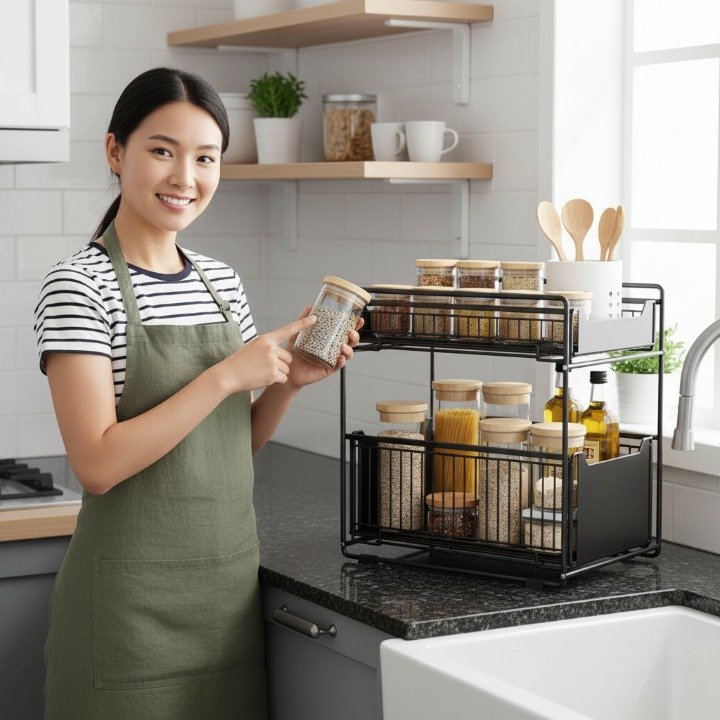 סטנד אחסון מתחת לכיור צבע שחור שתי קומות