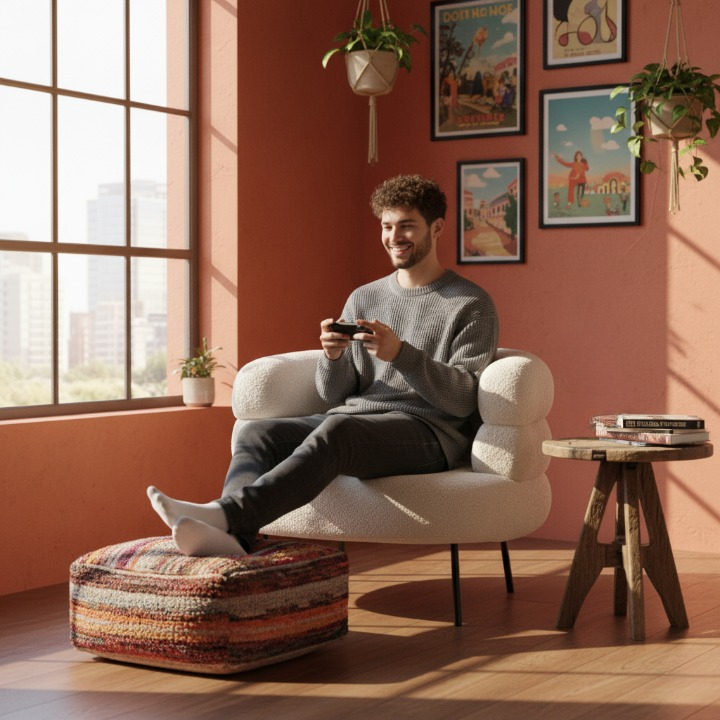 GNDI | כורסא בוקלה מודרנית בצבע לבן