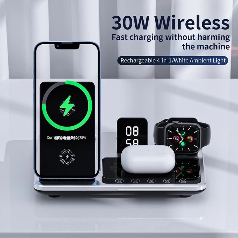 תחנת טעינה אלחוטית 4 ב-1 מסך מגע לסמארטפונים (iOS ואנדרואיד), שעונים חכמים ואוזניות אלחוטיות עם שעון דיגיטלי מובנה ותצוגת LED